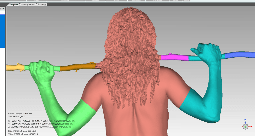 3d model showing the 3d scanned woman and stick used in the sculpture, 'Holding Bpth' by nell. This 3d scan features splits of different sections of the model which is used to 3d print it in parts. THe 3d printed parts are used in the process of casting the bronze of the final sculpture.